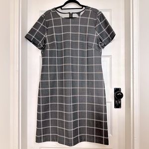 NWOT Ann Taylor Short Sleeve A-Line Gray Windowpane Dress, Size 12